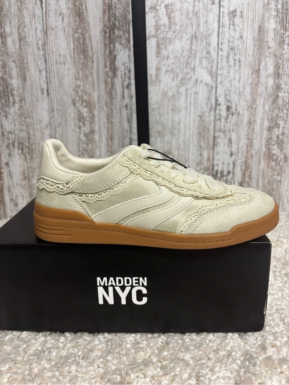 Madden NYC Women’s Cream Lace-Trim Sneaker with Gum Sole